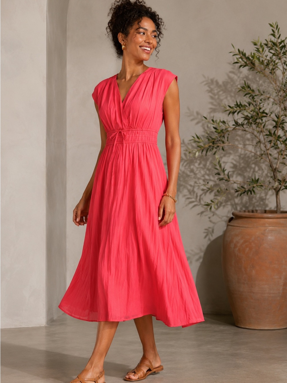 Talbots NWT Bright Coral Dobby Stripe Fit & Flare Midi Dress Pockets Size 10